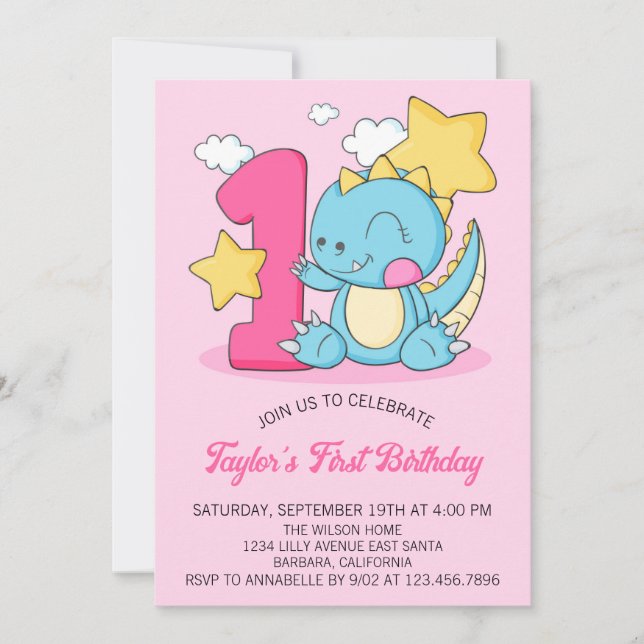 Invitación de cumpleaños número 1 de bebé dinosaur (Anverso)