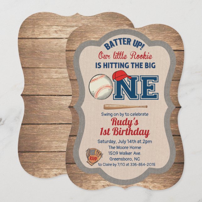 Invitación de cumpleaños número 1 de béisbol (Anverso / Reverso)