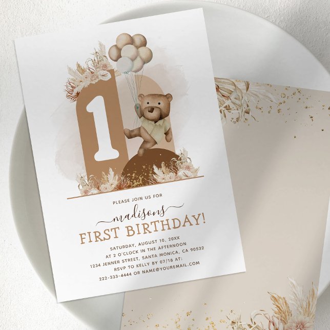 Invitación de cumpleaños número 1 de Boho Bear (Subido por el creador)