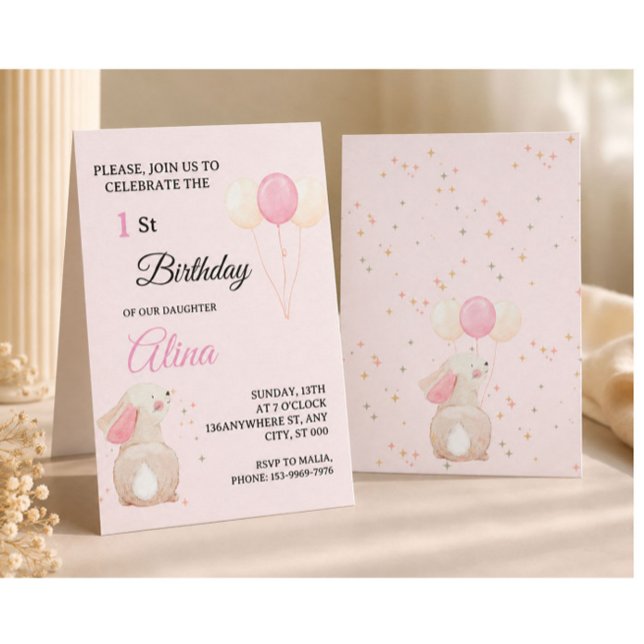 Invitación de cumpleaños número 1 de Bunny rosa |  (Subido por el creador)
