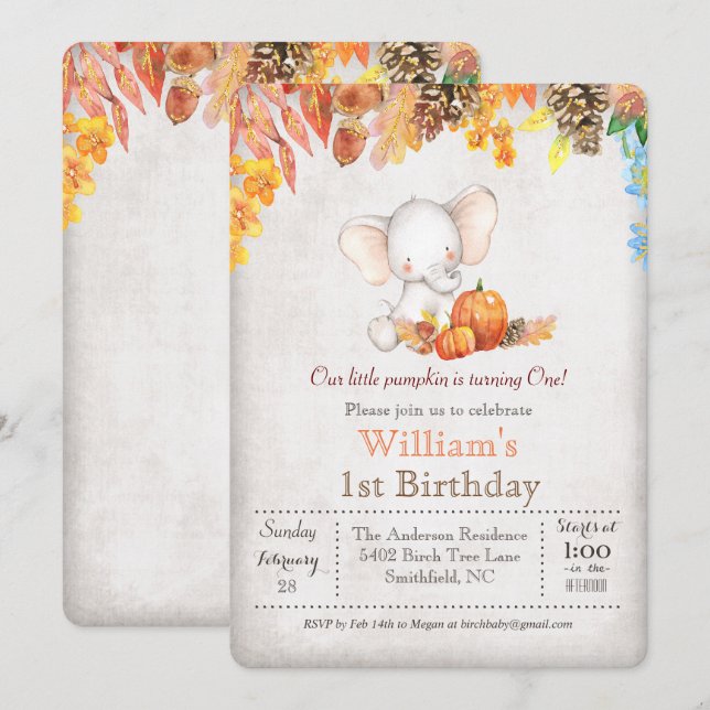 Invitación de cumpleaños número 1 de calabaza de o (Anverso / Reverso)