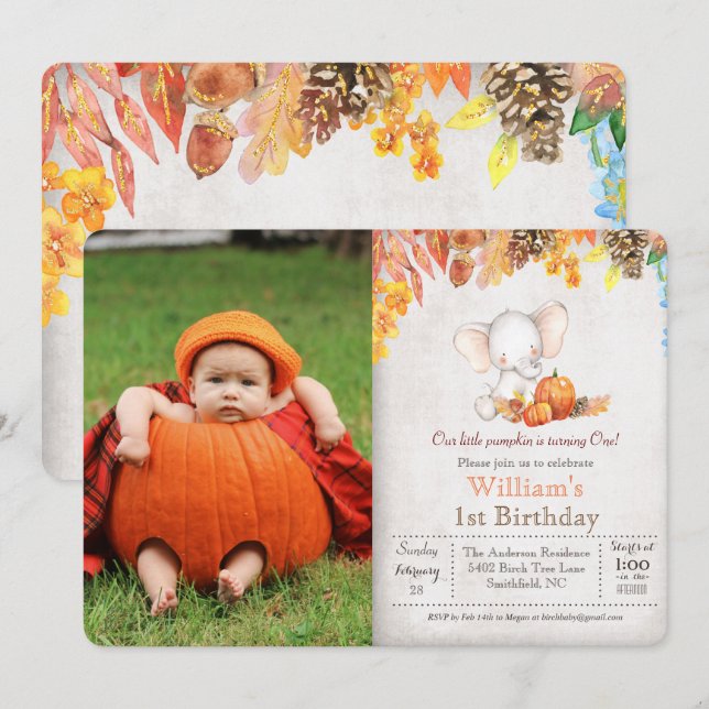 Invitación de cumpleaños número 1 de calabaza de o (Anverso / Reverso)