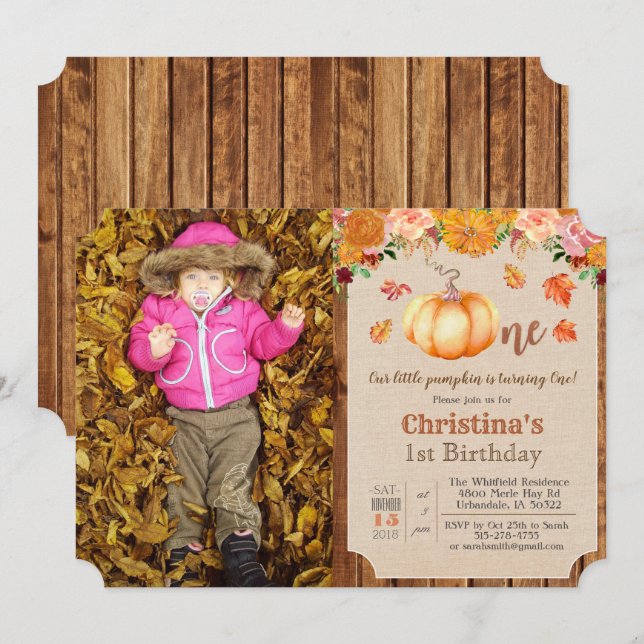 Invitación de cumpleaños número 1 de calabaza rúst (Anverso / Reverso)