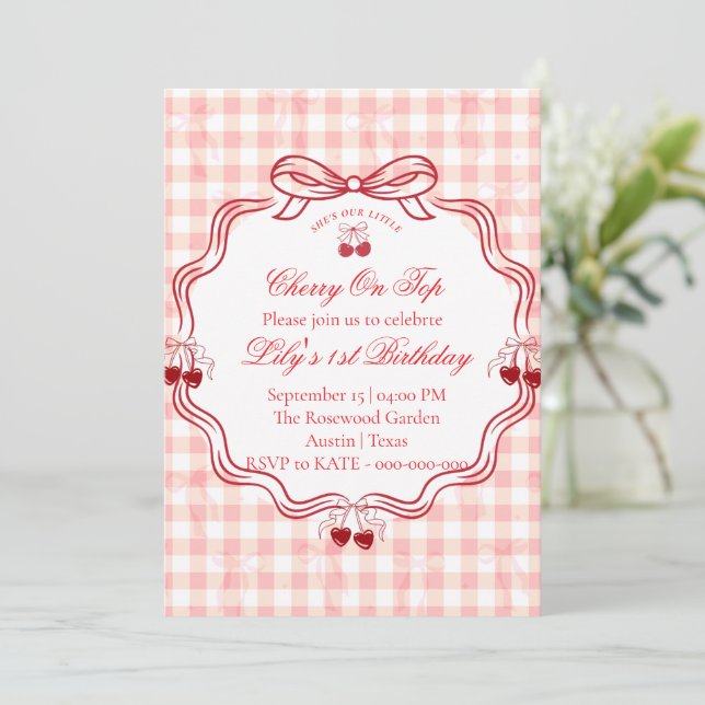 Invitación de cumpleaños número 1 de Cherry | Lazo (Anverso de pie)