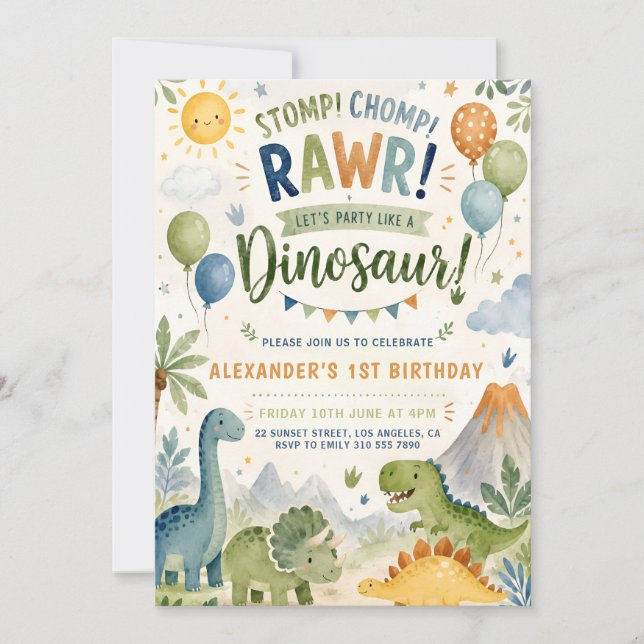 Invitación de cumpleaños número 1 de dinosaurio pa (Anverso)