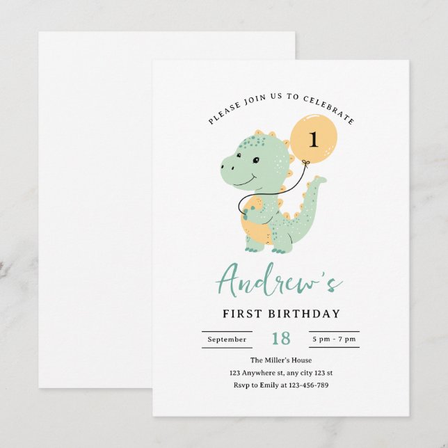 Invitación de cumpleaños número 1 de Dinosaurio, T (Anverso / Reverso)
