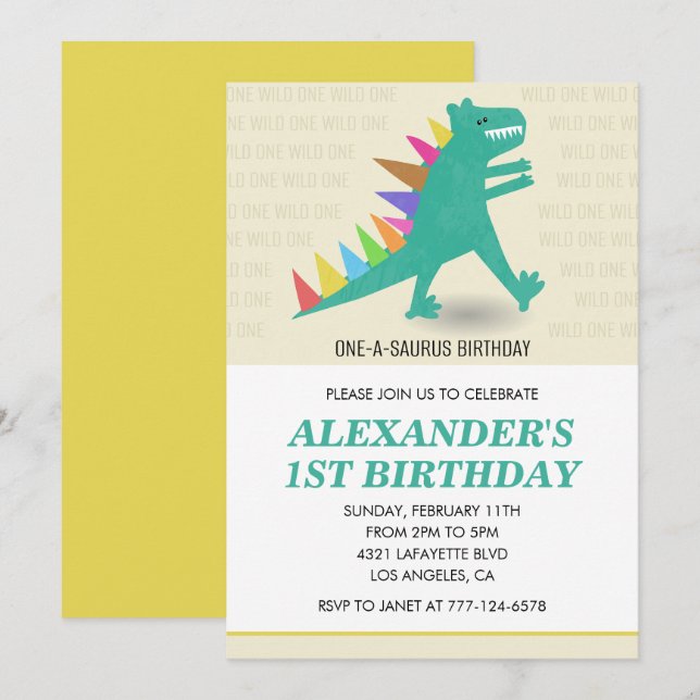 Invitación de cumpleaños número 1 de Dinosaurio T  (Anverso / Reverso)