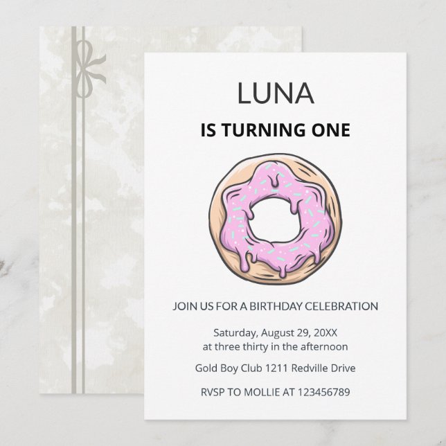 Invitación de cumpleaños número 1 de dona rosa par (Anverso / Reverso)