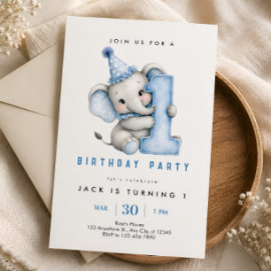 Invitación de cumpleaños número 1 de Elefante Azul