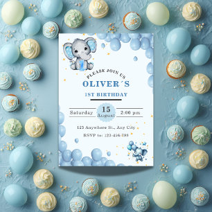 Invitación de cumpleaños número 1 de elefante bebé