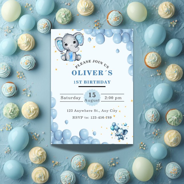 Invitación de cumpleaños número 1 de elefante bebé (Subido por el creador)