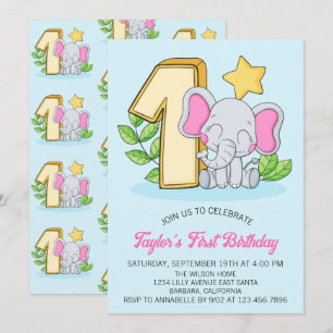 Invitación de cumpleaños número 1 de elefante bebé