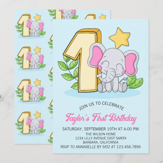 Invitación de cumpleaños número 1 de elefante bebé (Anverso / Reverso)