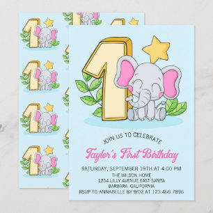 Invitación de cumpleaños número 1 de elefante bebé
