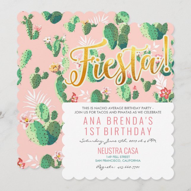 Invitación de cumpleaños número 1 de Fiesta Cactus (Anverso / Reverso)