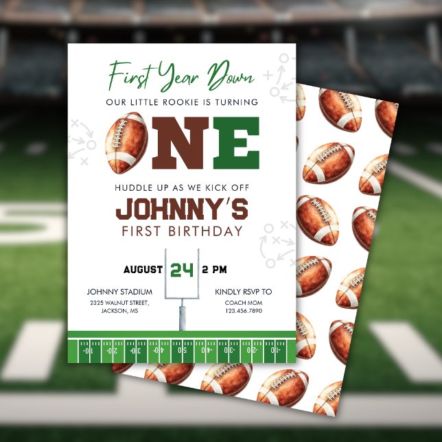 Invitación de cumpleaños número 1 de fútbol americ (Football First Year Down 1st Birthday Invitation)