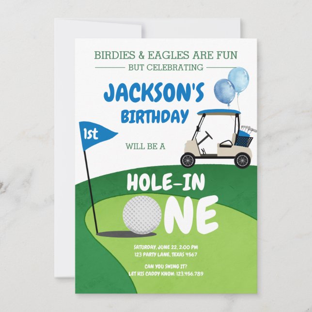 Invitación de cumpleaños número 1 de golf Hole In  (Anverso)