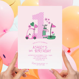 Invitación de cumpleaños número 1 de golf rosa lin