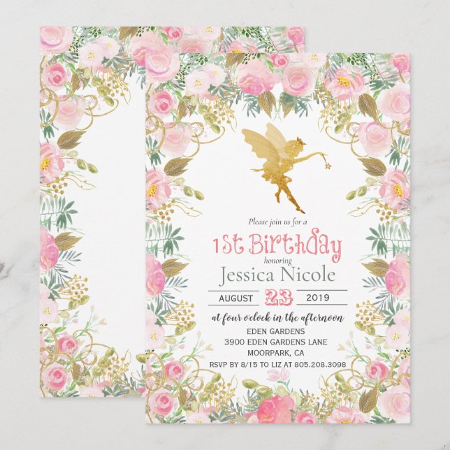 Invitación de cumpleaños número 1 de Hada Floral (Anverso / Reverso)