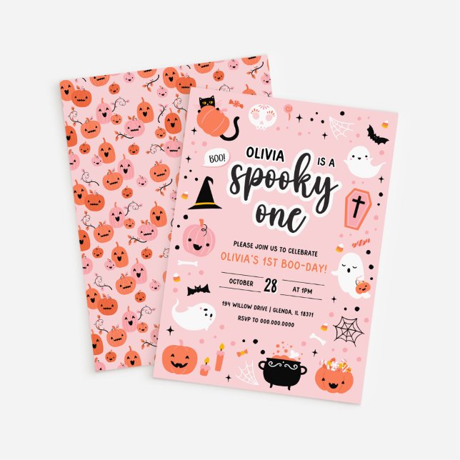 Invitación de cumpleaños número 1 de Halloween ros (White BG Pink and Orange Halloween 1st Birthday Invitation)