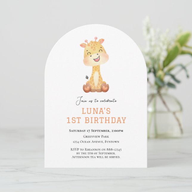 Invitación de cumpleaños número 1 de jirafa linda  (Anverso de pie)