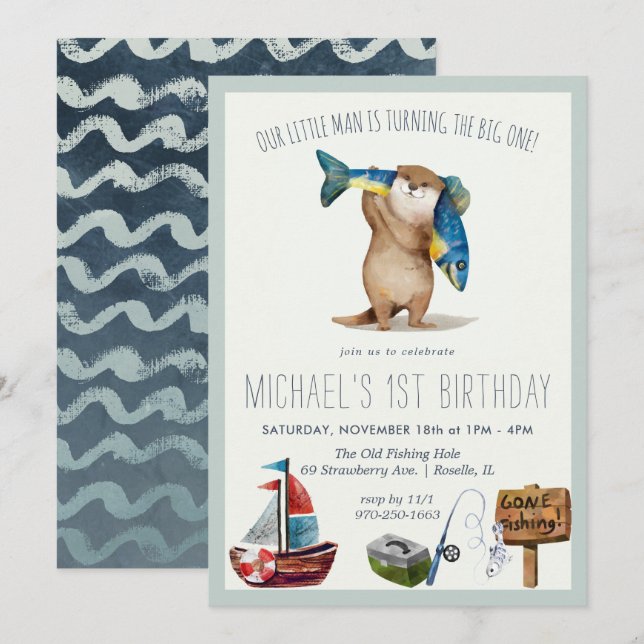 Invitación de cumpleaños número 1 de Little Otter  (Anverso / Reverso)