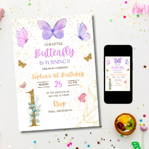 invitación de cumpleaños número 1 de mariposa, cum