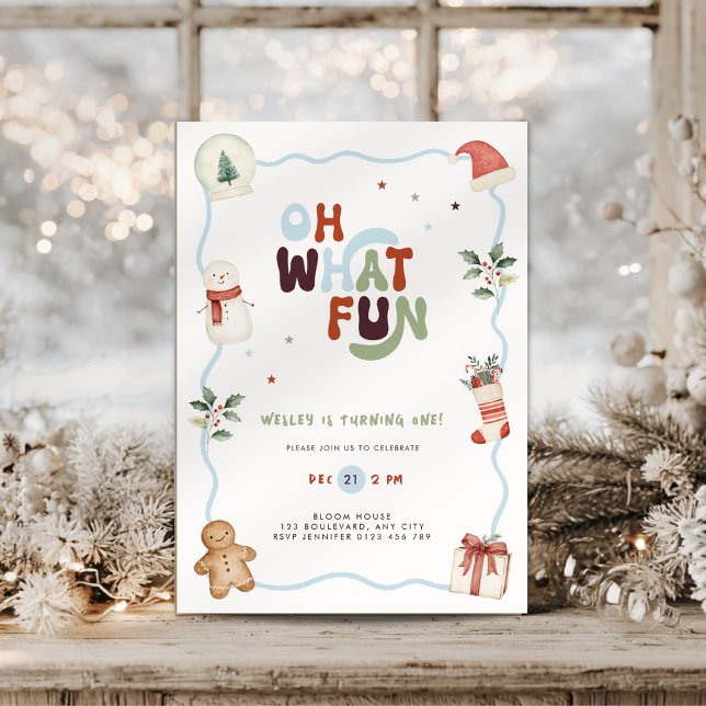 Invitación de cumpleaños número 1 de Navidad Oh Qu (Blue oh what fun christmas first birthday invitation for boys)