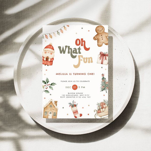 Invitación de cumpleaños número 1 de Navidad, qué  (Oh what fun christmas 1st birthday invitation for boys and girls
)