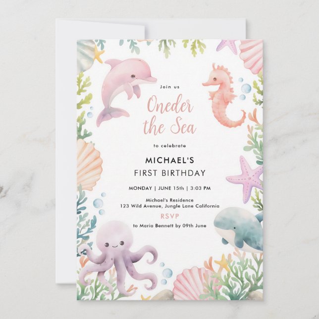 Invitación de cumpleaños número 1 de niña bajo el  (Anverso)