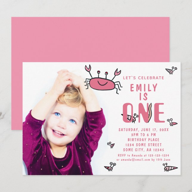 Invitación de cumpleaños número 1 de niña con anim (Anverso / Reverso)