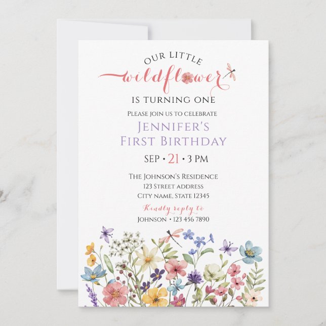 Invitación de cumpleaños número 1 de niña con flor (Anverso)