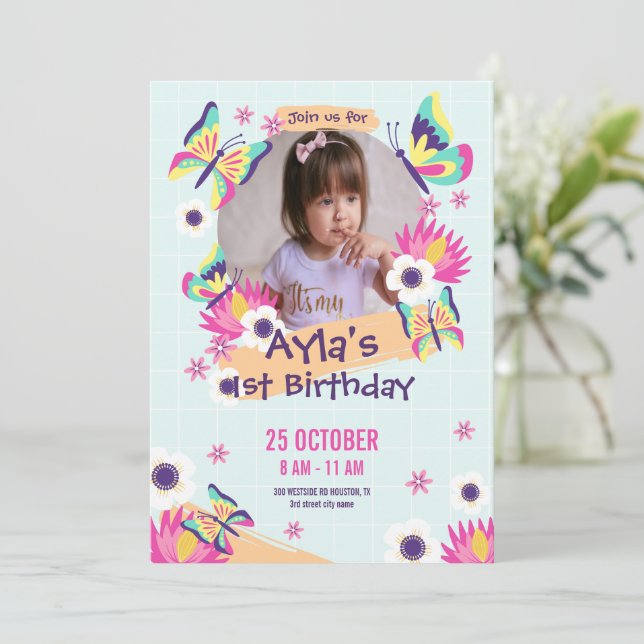 Invitación de cumpleaños número 1 de niña con mari (Anverso de pie)