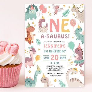 Invitación de cumpleaños número 1 de niña dinosaur
