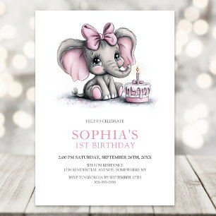 Invitación de cumpleaños número 1 de niña elefante