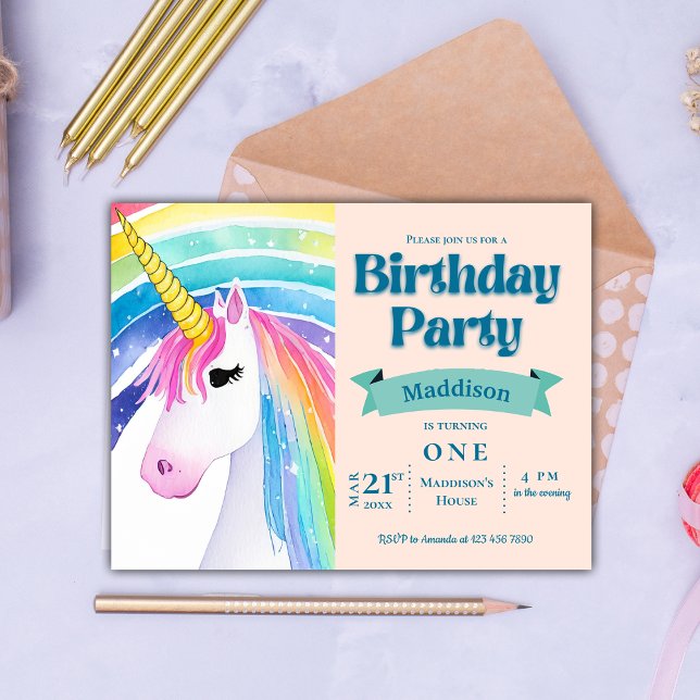 Invitación de Cumpleaños número 1 de Niños del Arc (Rainbow Kids Unicorn 1st Birthday Party Invitation Postcard)