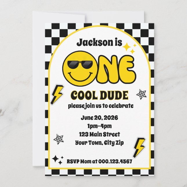 Invitación de cumpleaños número 1 de One Cool Dude (Anverso)