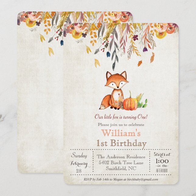 Invitación de cumpleaños número 1 de otoño con cal (Anverso / Reverso)