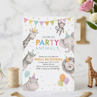 Invitación de cumpleaños número 1 de Party Animals