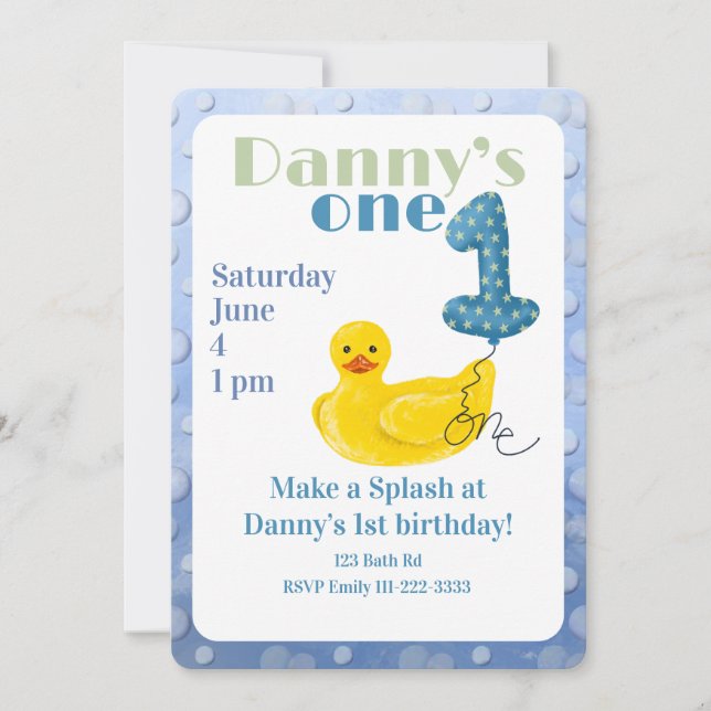Invitación de cumpleaños número 1 de pato de goma  (Anverso)