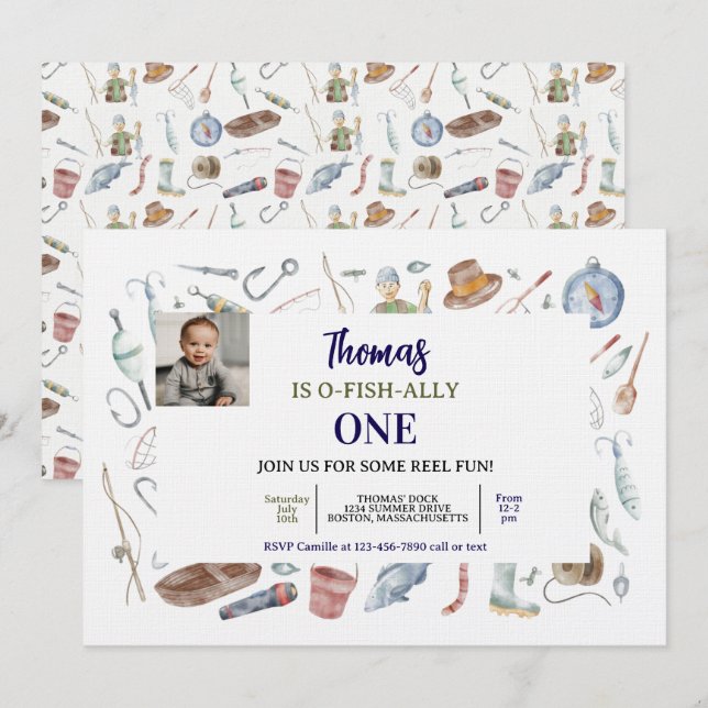 Invitación de cumpleaños número 1 de pesca | O-Pes (Anverso / Reverso)