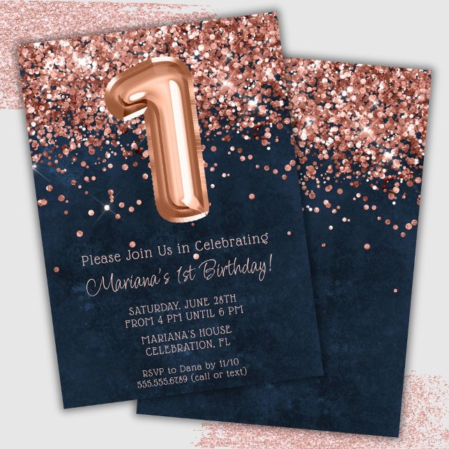 Invitación de cumpleaños número 1 de Rose Gold Nav (Subido por el creador)