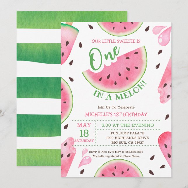 Invitación de cumpleaños número 1 de Sandía One In (Anverso / Reverso)