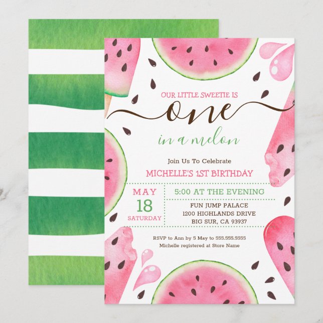 Invitación de cumpleaños número 1 de Sandía One In (Anverso / Reverso)
