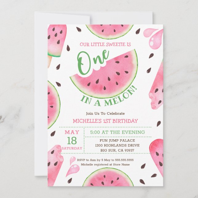 Invitación de cumpleaños número 1 de Sandía One In (Anverso)
