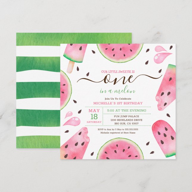 Invitación de cumpleaños número 1 de Sandía One In (Anverso / Reverso)