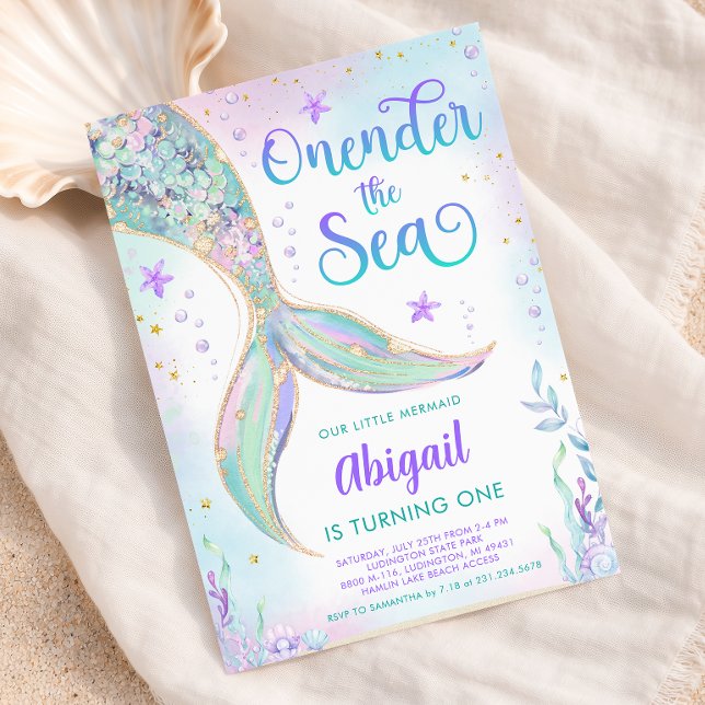 Invitación de cumpleaños número 1 de sirena bajo e (Oneder the Sea Mermaid 1st Birthday Invitation
)