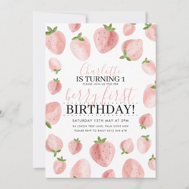 Invitación de cumpleaños número 1 de Strawberry Be (Anverso)