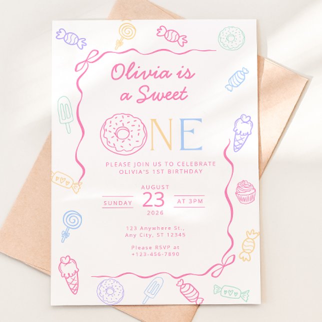 Invitación de cumpleaños número 1 de Sweet One Can (Sweet One 1st Birthday Invitation | Candy Land First Birthday Invite | Pastel Sweets Birthday Party )