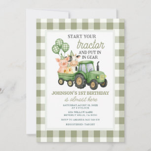Invitación de cumpleaños número 1 de Tractor Verde